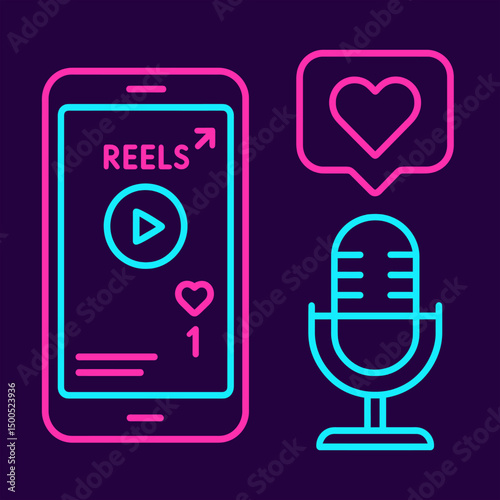 Neon Social Media Icons Reels, Likes, and Mic for Content Creation
