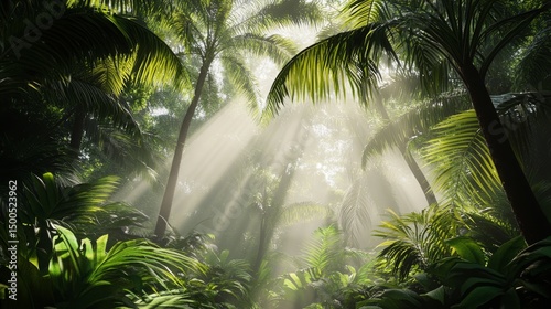 Sunbeams illuminating lush tropical rainforest