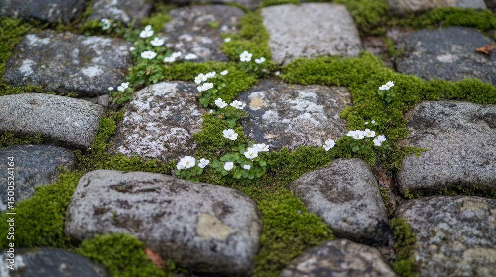 White flowers blooming in mossy stone pavement White flowers blooming in mossy stone pavement
