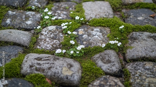 White flowers blooming in mossy stone pavement