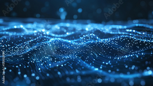 Futuristic circuit board wires in light blue on dark navy technology background. Artificial Intelligence banner concept. Abstract AI tech bg. Digital line pattern.  photo