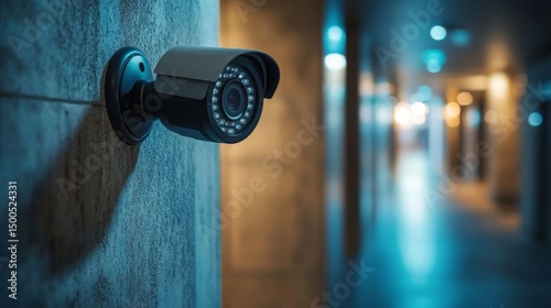 Security camera on wall in modern building corridor