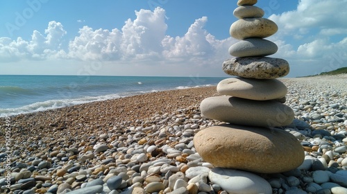 Balanced stones on pebble beach seascape