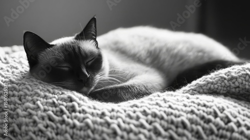 Sleeping siamese cat on knitted blanket
