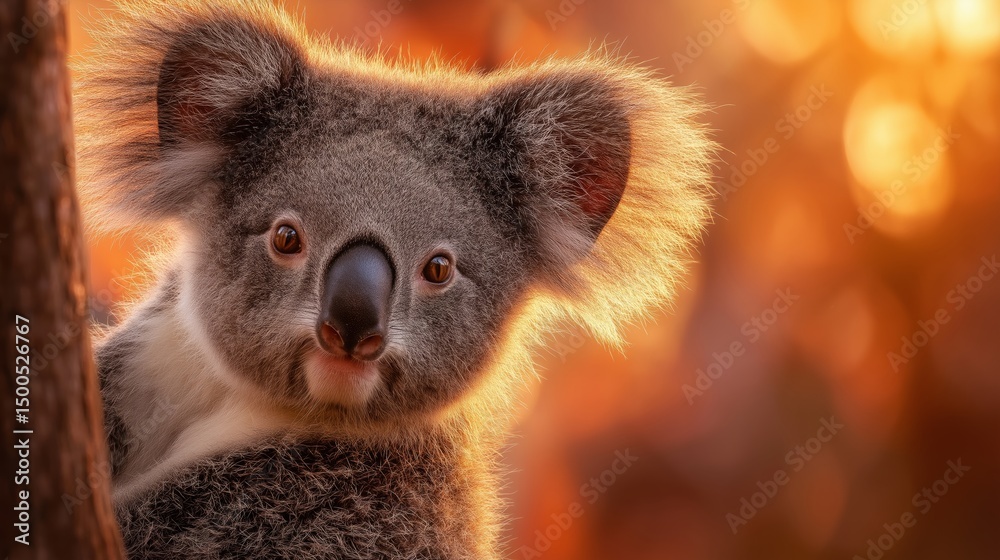 Fototapeta premium Koala's Gentle Gaze: A close-up of a koala's face, showcasing its endearing features with soft fur, round ears, and a sweet, gentle gaze, set against a warm, sunlit background.
