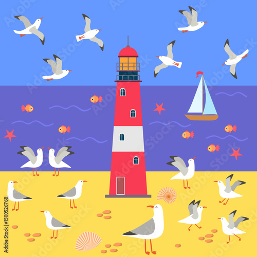 Beautiful square pattern with cute cartoon seascape. Sea, sky, coast, lighthouse, seagulls, yacht, fish. Print for napkin, pillow, bag, card.
