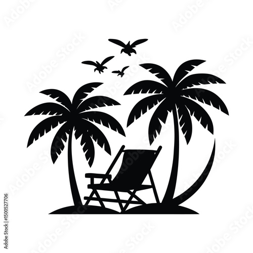 Serene Tropical Beach Silhouette Palm Trees, Birds, and a Relaxing Chair