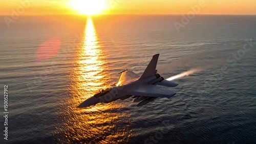 flying jet and sunset over the sea