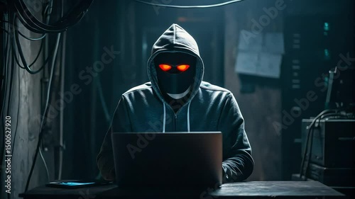 Hacker in Hoodie with Red Eyes