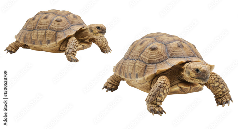 Naklejka premium Two tortoises facing different directions with textured shells and visible feet and heads isolated isolated on transparent background