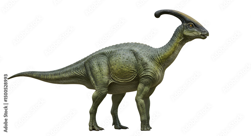 Fototapeta premium Parasaurolophus dinosaur with a distinctive curved cranial crest and textured green skin