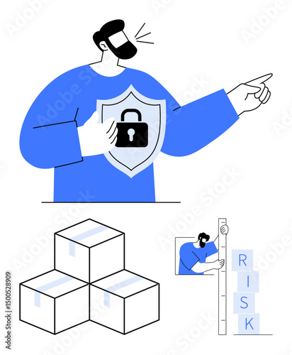Man holding a shield symbolizing protection and pointing assertively, stacked boxes symbolizing data or products, risk analysis with blocks. Ideal for security, logistics, risk management, data