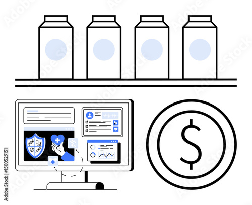 Computer screen displaying healthcare data, user profiles, shield, dollar sign coin, and multiple containers. Ideal for medical technology, cost management, data analysis, insurance innovation