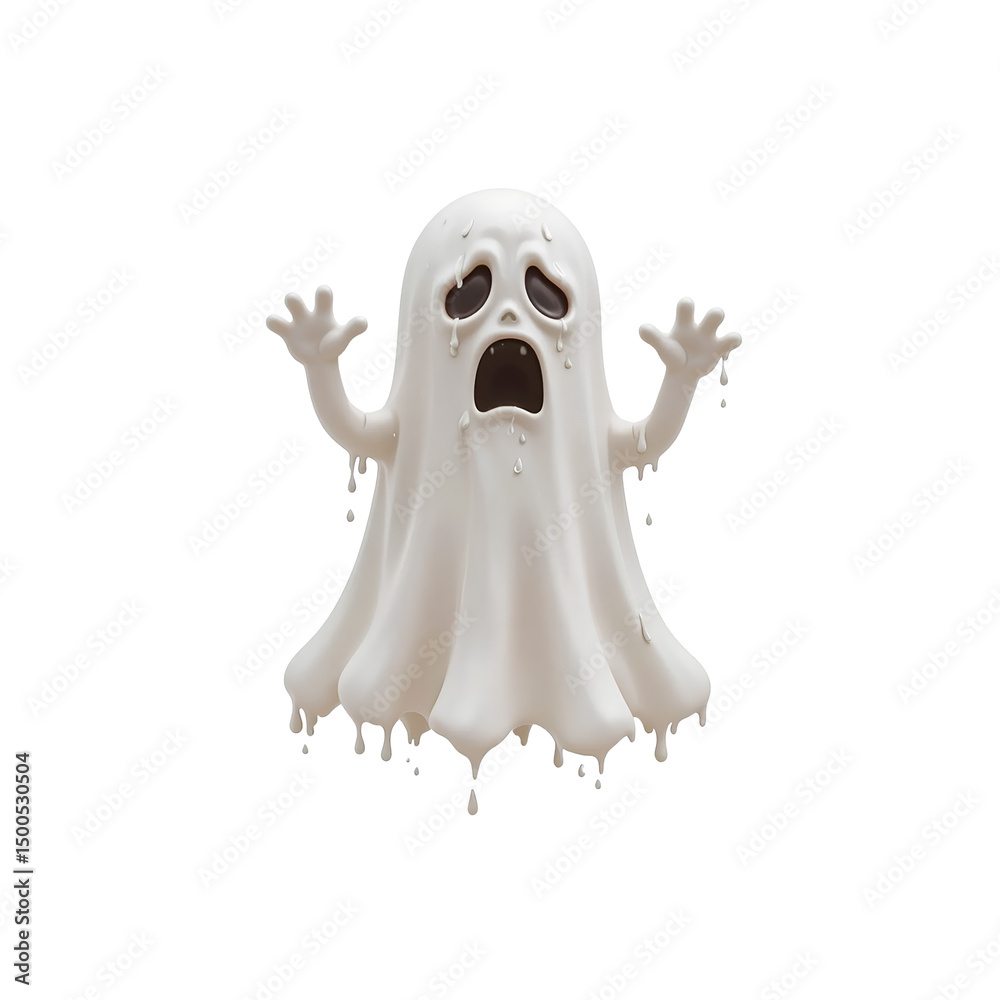 White ghost with haunting face, mouth open in fear, arms raised and dripping edges, isolated background. White ghost with haunting face, mouth open in fear, arms raised and dripping edges, isolated background.