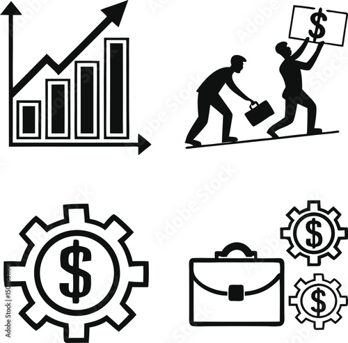 Business and Finance Icons Silhouette Design Set. Silhouette Icons for Business and Finance Graphics. Minimal Business Finance Icons in Silhouette Style