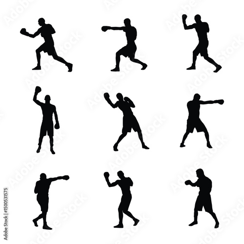 Silhouettes of boxers in various poses showing punches, defense, and stance during training or match