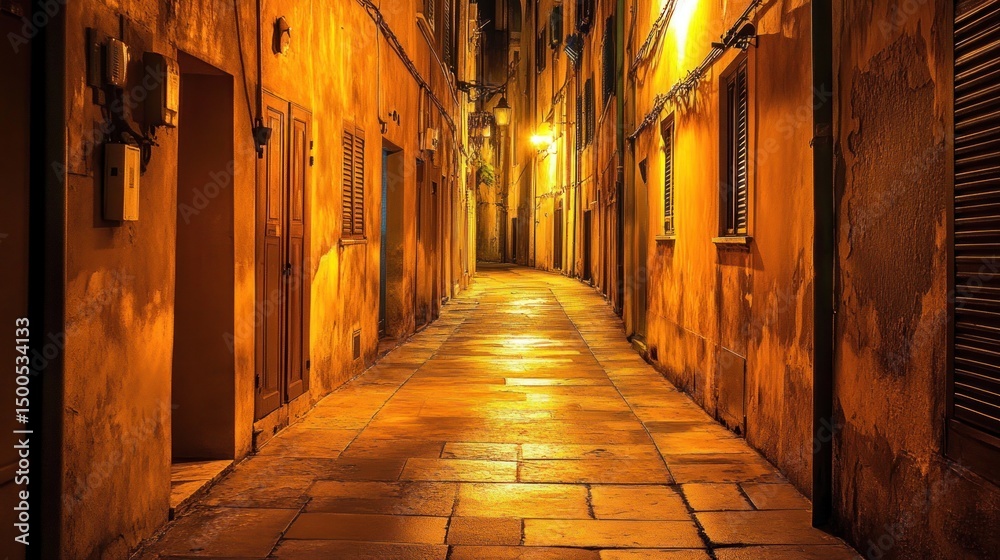 Obraz premium Golden illuminated passage between old buildings with cobblestone pavement