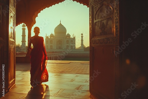 Woman in Red Sari at Taj Mahal Sunrise Golden Hour India Travel view calm dress asian light grand   