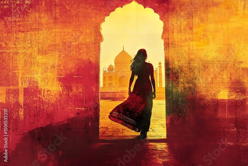 Silhouette Woman Taj Mahal India Sunrise Dramatic Travel red art warm calm girl asia retro orange   