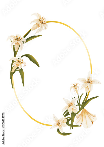 frame of lilies flower.  Elegant white lily flowers with green leaves, perfect for decoration, isolated on transparent background.