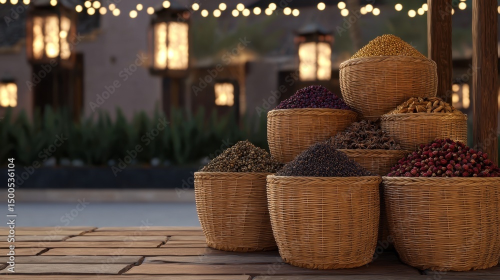Obraz premium Cozy Corner Market with Baskets Piled High and Soft Lighting at Evening