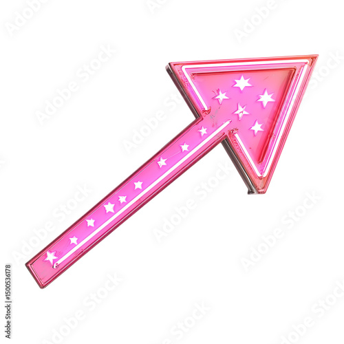 A Glowing Neon Pink Arrow with Starbursts 80s Pop Art Isolated on Transparent Background