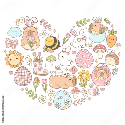 Easter Bunny Capybara Heart Illustration, Cute Spring Animal, Tulip Egg Mushroom Bee Floral Pastel Art