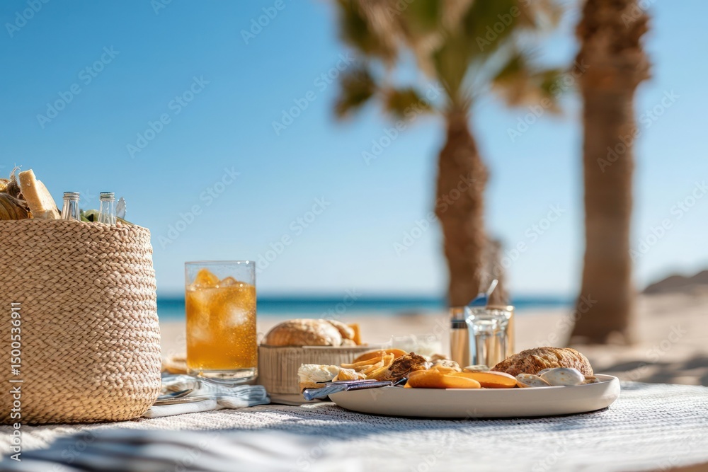 Fototapeta premium Beach Picnic with Snacks, Orange Drink, and Palm Trees