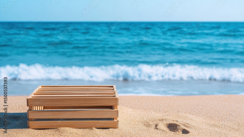 Naklejka premium Wooden crate sits on a sandy beach with gentle waves rolling in, creating a peaceful scene with copy space for text or product placement