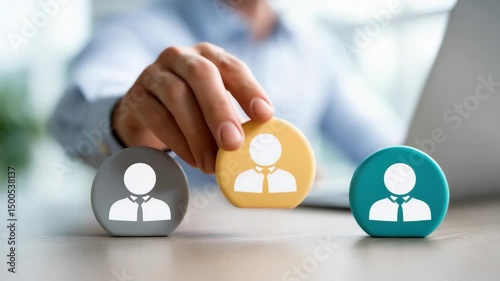 Leadership selecting from three candidate icons on a desk, representing decision-making in recruitment and choosing the right talent.