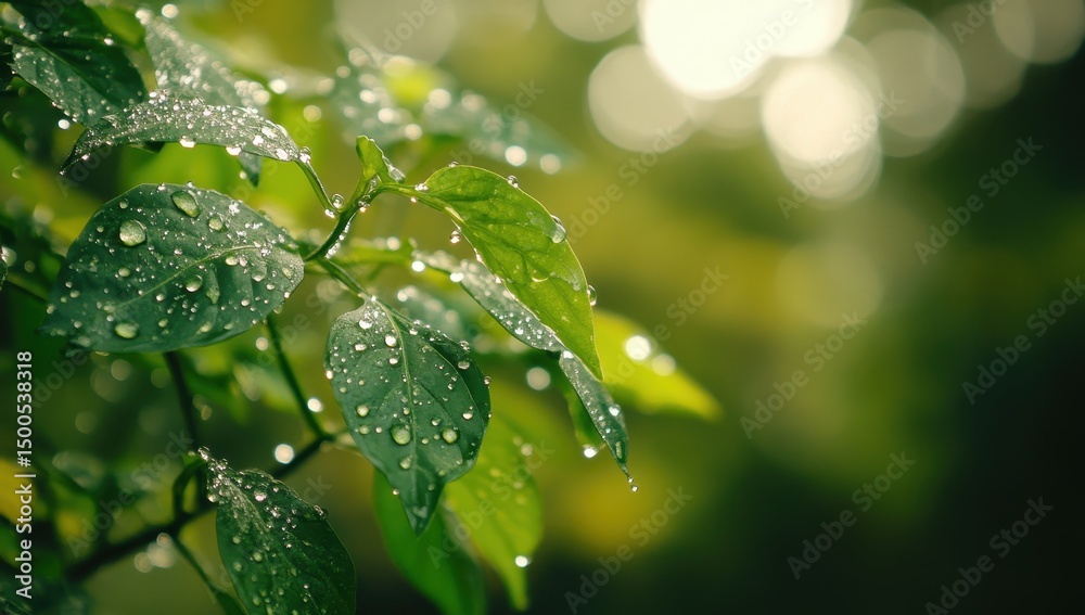 Close-up of dew-laden green leaves, backlit by soft sunlight, shallow depth of field blurring background Close-up of dew-laden green leaves, backlit by soft sunlight, shallow depth of field blurring background