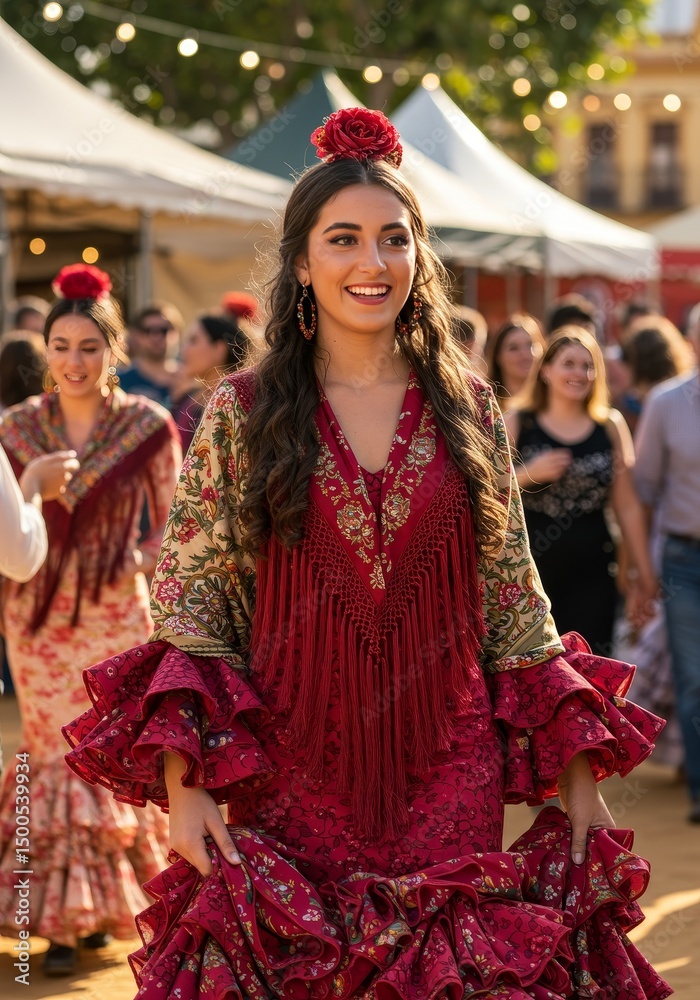 Naklejka premium Photo of a Smiling Woman in Red Dress Celebrating at Festival in Spain