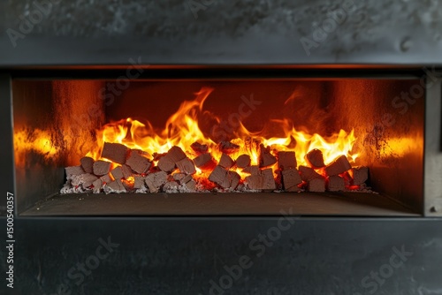 A modern, dark metal fireplace inset glows with vibrant orange and yellow flames consuming a bed of burning wood