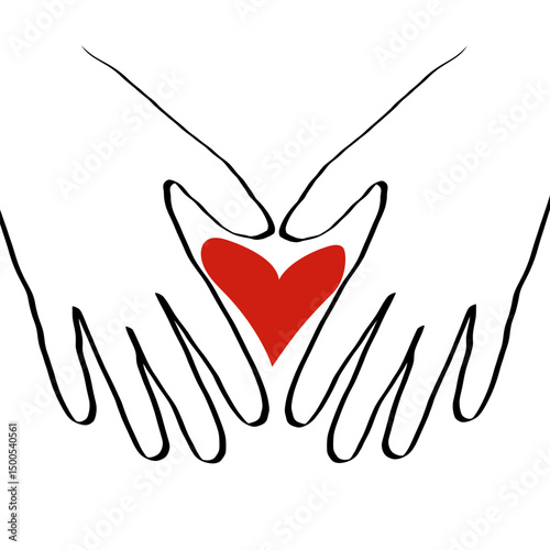Hands unity icon. Heart love symbol. Red center focus. Vector compassion illustration.