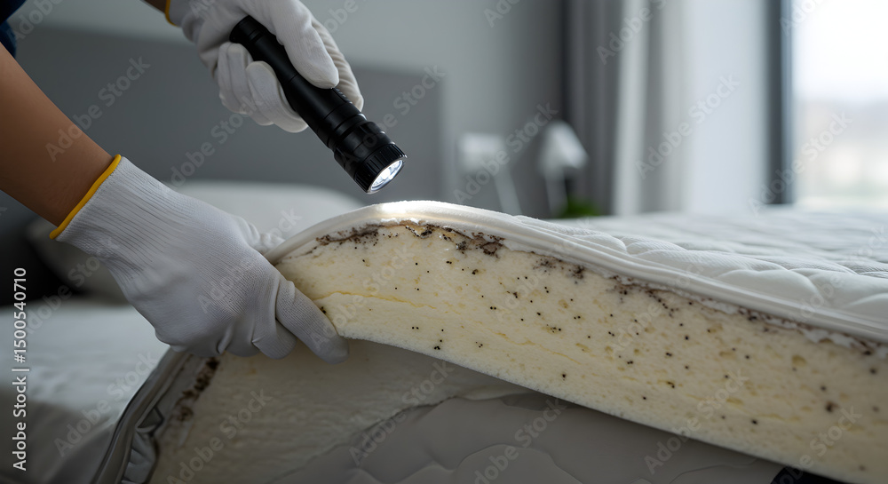 Obraz premium Specjalista ds. zwalczania szkodników sprawdza materac pod kątem obecności szkodników za pomocą latarki, w rękawiczkach, w czystym otoczeniu sypialni