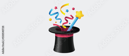 Magical Hat with Wand and Festive Confetti Celebration