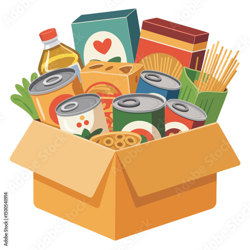 Donation Box Filled with Canned Goods Pasta and Oil