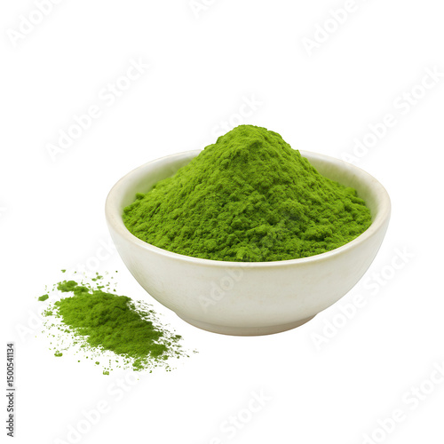 Green matcha powder in white bowl with spilled powder, fresh and vibrant texture