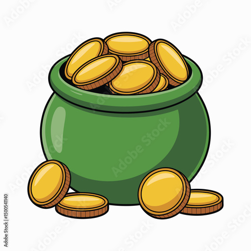 Green Pot Filled with Gold Coins Cartoon Illustration