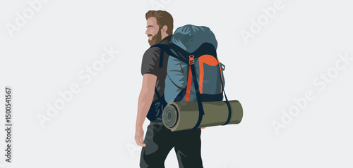 Bearded Man Hiking with Large Backpack and Sleeping Mat