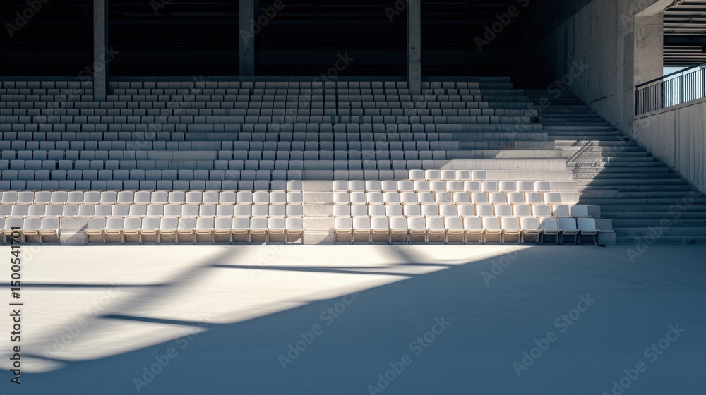 Fototapeta premium Modern Empty Grandstand in Cricket Stadium with Standard Seats and Bright Lighting