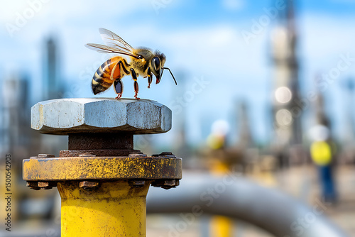 A cinematic close up of a bee delicately balancing on the edge of a pressure valve refinery workers faintly visible 
