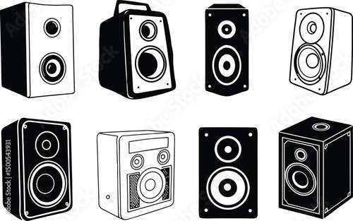 sound speaker vector art, music speaker icon silhouette, black and white design.