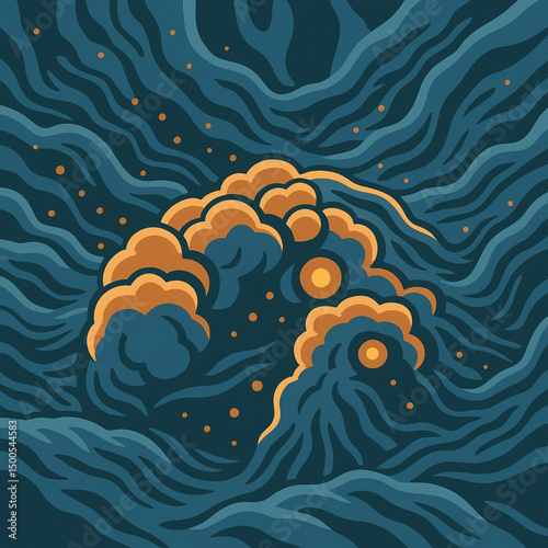 Abstract vector illustration of volcanic eruption with flowing lava and smoke patterns in orange and dark teal. Dynamic and bold artistic design.