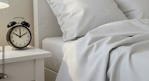 Photo Of A White Bed With A Black Alarm Clock And Bedding in Morning Light