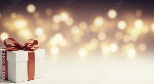 Photo Of A White Gift Box With Brown Ribbon On A Gold Bokeh Background