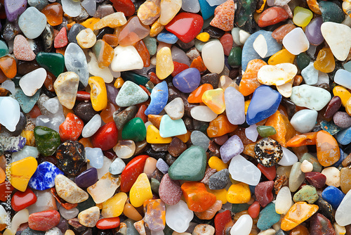 A high resolution macro shot of tiny colorful pebbles scattered across the beach