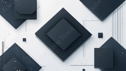 Abstract composition of dark-grey and black squares, diamonds, and thin lines on a white background, creating a technological or geometric design