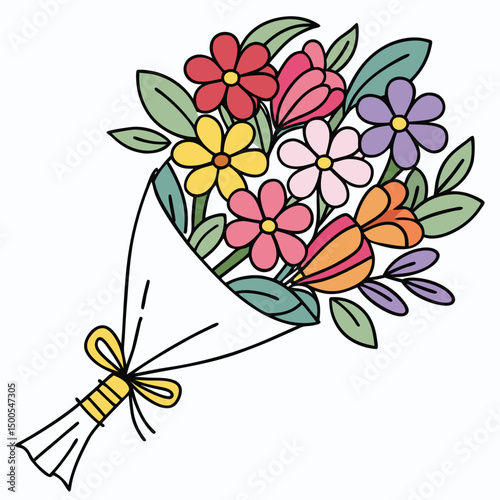 This cheerful bouquet bursts with vibrant flowers in shades of red, yellow, pink, orange, and purple, nestled among soft green leaves. Wrapped delicately with a white paper and yellow ribbon