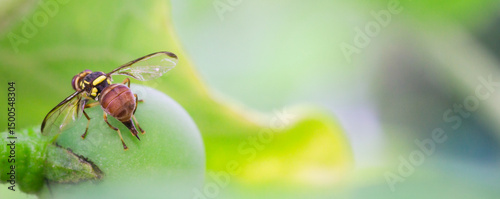 oriental fruit fly with macro ,cover page, cover space,The concept of loving the world, protecting the environment, and the ecosystem